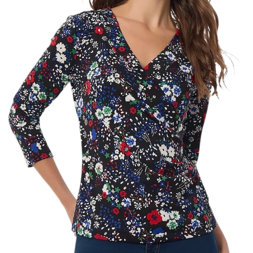 Jones New York Women’s Printed 3/4 Sleeve Faux Wrap Top Black Floral Size PM